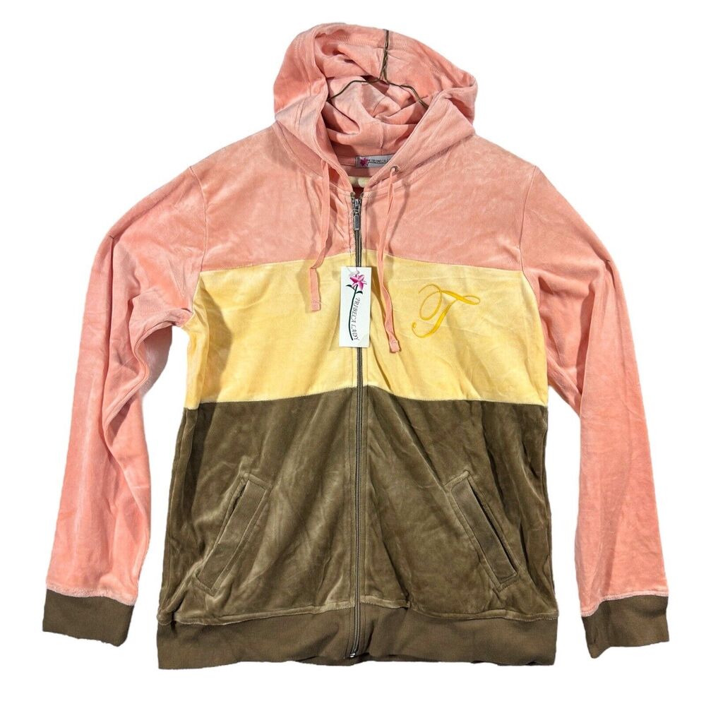 Tribeca Lady Pink Yellow Brown Stitch Soft Zip-up Drawstring VTG Jacket Woman XL